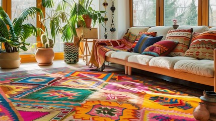 A vibrant multi-colored bohemian rug with bold geometric shapes, laid out in a bright living room with wooden floors and potted plants.
