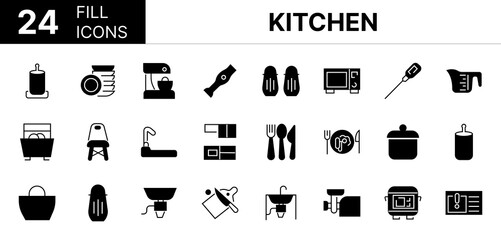 Collection of 24 kitchen fill icons featuring editable strokes. These outline icons depict various modes of kitchen, Equipment, Set, Icon, Garbage, Kitchen, Utensil, 