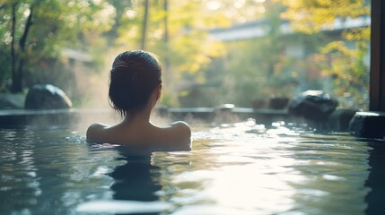  Serene Escape: A woman enjoys a tranquil soak in a hot spring bath, surrounded by the beauty of nature, with soft sunlight filtering through the trees.