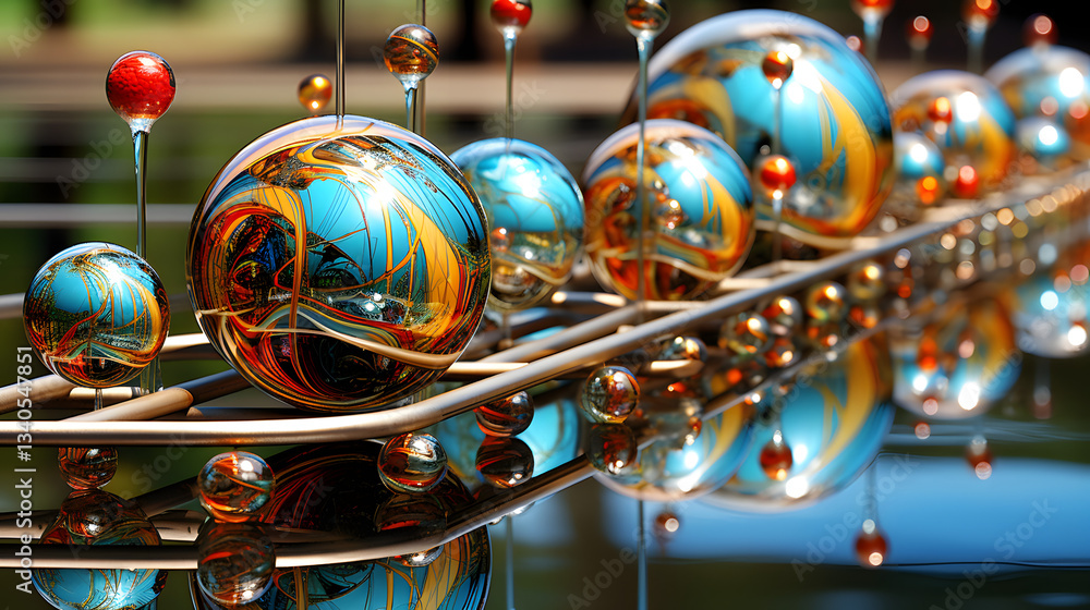 Poster close-up view of a collection of colorful balls displayed on a table with various textures and patte