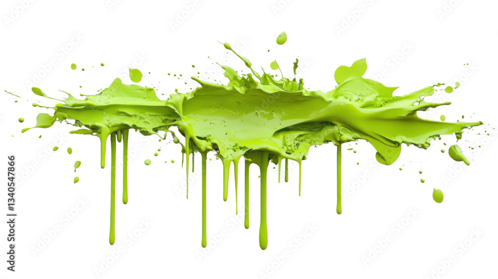 Poster bright green paint splashing and dripping with transparent background