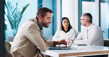 Meeting, businessman and happy with laptop in office, financial report or auditing for corporate...