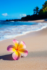 Fototapeta premium An exotic beach with a beautiful exotic flower in a serene setting.