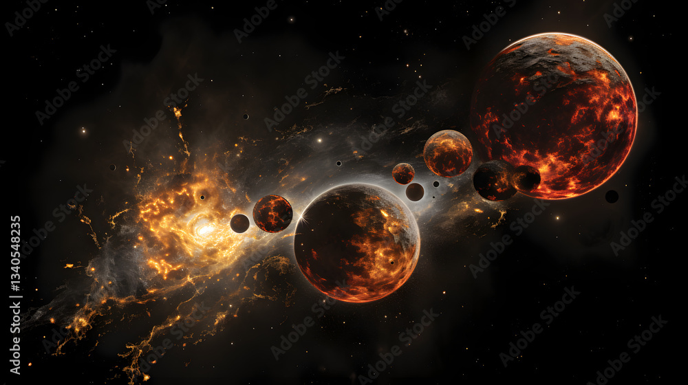 Poster artistic rendition of a group of planets in space displaying diverse colors and features that repres