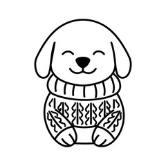 Cute Cheerful Puppy Little Dog Pet Animal Cartoon Character Wearing Sweater in Line Art Style
