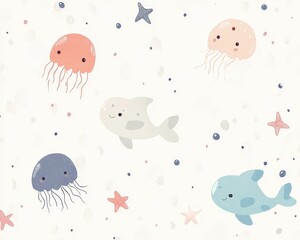 Minimalist cartoon ocean creatures pattern with tiny fish, jellyfish, and starfish in soft pastel colors