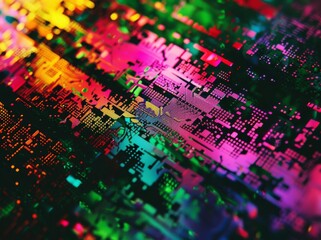 Futuristic circuit board with neon rainbow colors, holographic elements. Modern Y2K, 2000s, iridescent glow, digital tech vibe. Tech backgrounds, digital art, creative web banners.