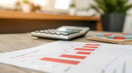 Close-up of a financial chart with red line reaching ceiling limit, symbolizing salary cap, against blurred office background with documents and calculators, vibrant atmosphere with natural light.