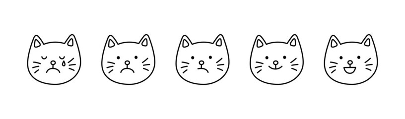 Cute doodle cat face icon set. Smile, sad and cry cat. Kitty kawaii emoji. Hand drawn animal emoticon. Expression kitty head. Good and bad mood. Vector illustration isolated on white background.