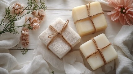 Artisan Soap and Floral Arrangement: An elegant arrangement of handmade soaps, delicately tied with twine, surrounded by soft fabric and delicate flowers.