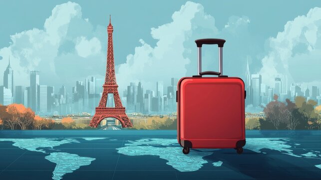 Red suitcase is standing on a world map with the eiffel tower and a cityscape in the background, celebrating world tourism day illustration