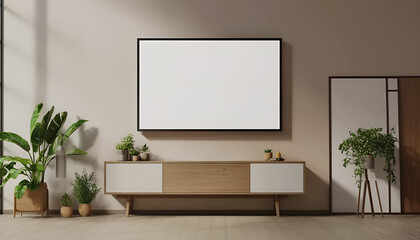 White screen TV mounted on wall in room. Mockup for design