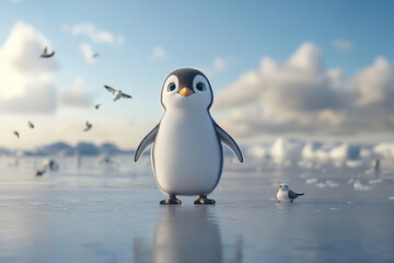 Obraz premium cute penguin standing on the ice, surrounded by magnificent glaciers and flying seagulls in the distance