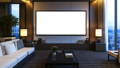 White screen TV mounted on wall in room. Mockup for design