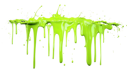 Dripping bright green paint splashing on transparent background