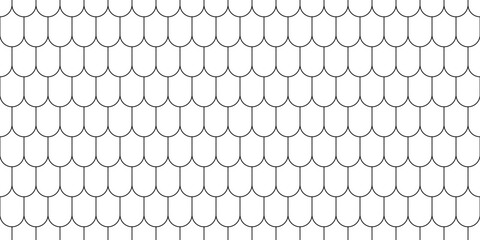 Shingles roof seamless pattern. House roof tile texture. Geometric shape design. Metal construction grid. Fish scales. Vector illustration isolated on white background. © Elena Pimukova