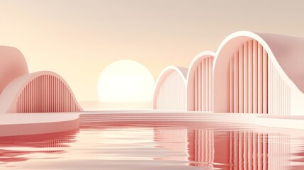 Minimalist architectural structures reflected in water at sunset