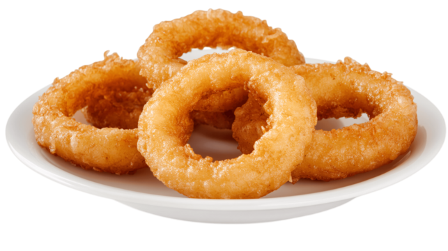 Crispy golden onion rings on a plate ??, delicious and crunchy. Transparent background. --ar 16:9