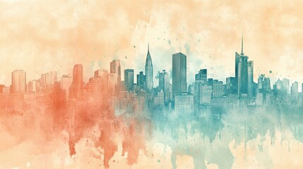 Fototapeta premium Vintage-style watercolor of mid-century city skyline with retro charm