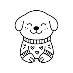 Cute Cheerful Puppy Little Dog Pet Animal Cartoon Character Wearing Sweater in Line Art Style