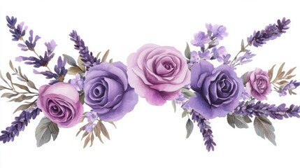 Elegant purple floral watercolor frames with lavender and roses for wedding card template. This botanical design features white space at the center © Johannes
