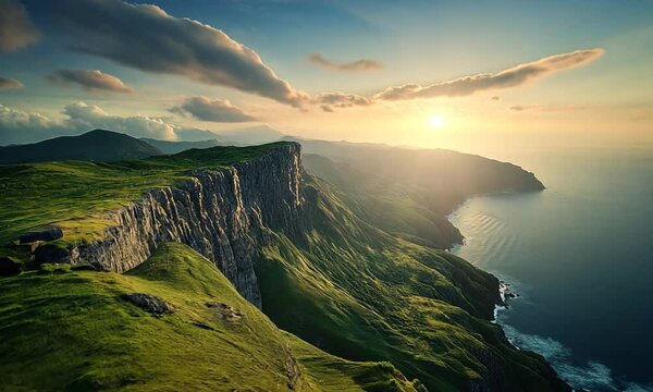 A breathtaking landscape featuring a cliffside overlooking a serene ocean at sunset, with lush green hills and dramatic clouds enhancing the natural beauty.mp4