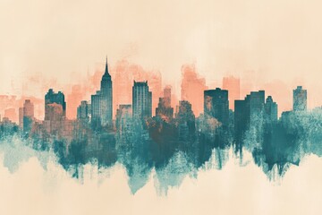 Obraz premium Vintage-style watercolor of mid-century city skyline with retro charm
