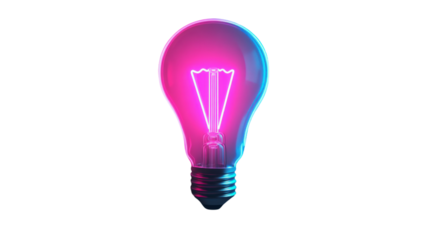 Glowing light bulb with pink and blue neon light on transparent background