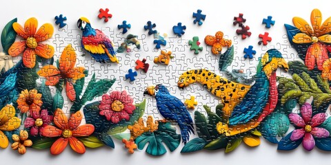 Obraz premium Colorful jungle puzzle showing tropical flowers, parrots, and leopard being assembled