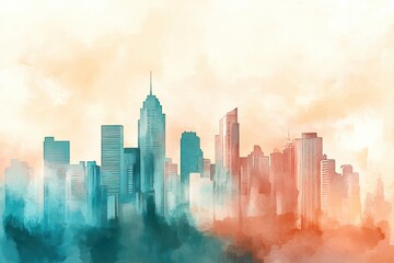 Obraz premium Vintage-style watercolor of mid-century city skyline with retro charm