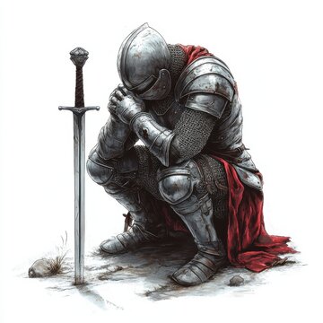 illustration of a medieval knight kneeling in prayer with a sword, realistic on a white background