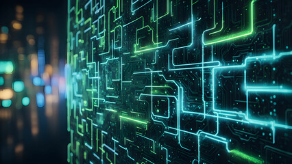 Naklejka premium Close-up a glowing abstract circuit board green blue neon lights.
