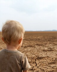 Child stands on parched earth drought-affected landscape emotional scene wide view environmental awareness