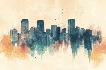 Obraz premium Vintage-style watercolor of mid-century city skyline with retro charm
