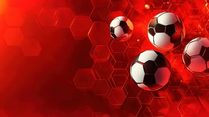 Abstract Red Background with Soccer Balls and Hexagonal Shapes for a Modern Sports Design illustration