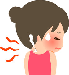 肩にお灸をすえる辛そうな表情の女性