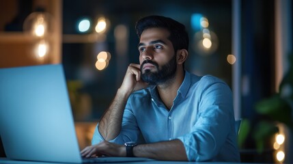 Thoughtful concentrated indian business man entrepreneur investor manager using computer, watching webinar working in office analyzing online data market thinking doing web research looking at laptop