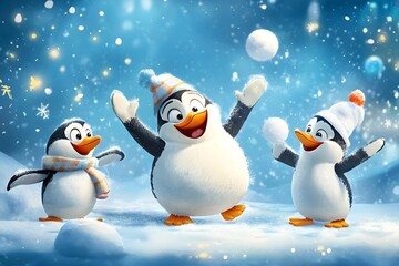 Fototapeta premium Three Jumping Penguins Enjoying the Snowy Winter Wonderland