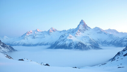 Obraz premium Majestic mountain range with snow covered peaks and misty valley below, creating serene atmosphere