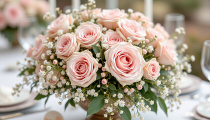 Fototapeta premium Soft pink roses arranged beautifully in floral centerpiece, surrounded by delicate greenery and small white flowers, creating elegant atmosphere