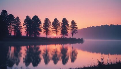 Obraz premium A beautiful tranquil lake scene with trees and colorful sunrise