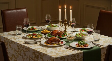 Fototapeta premium Festive Dinner Table Setting with Roasted Chicken and Elegant Decor
