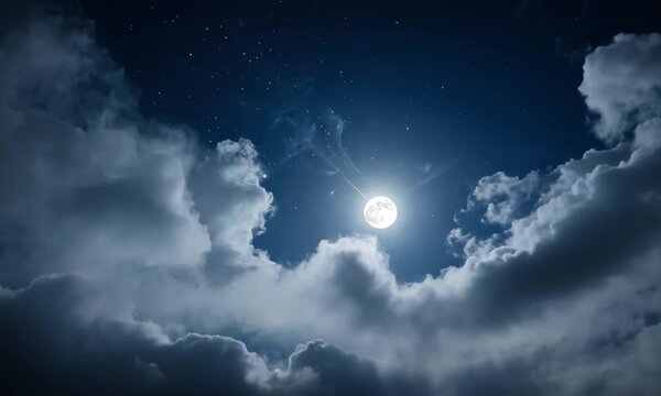 Bright full moon illuminating a starry night sky with dramatic clouds drifting across. 