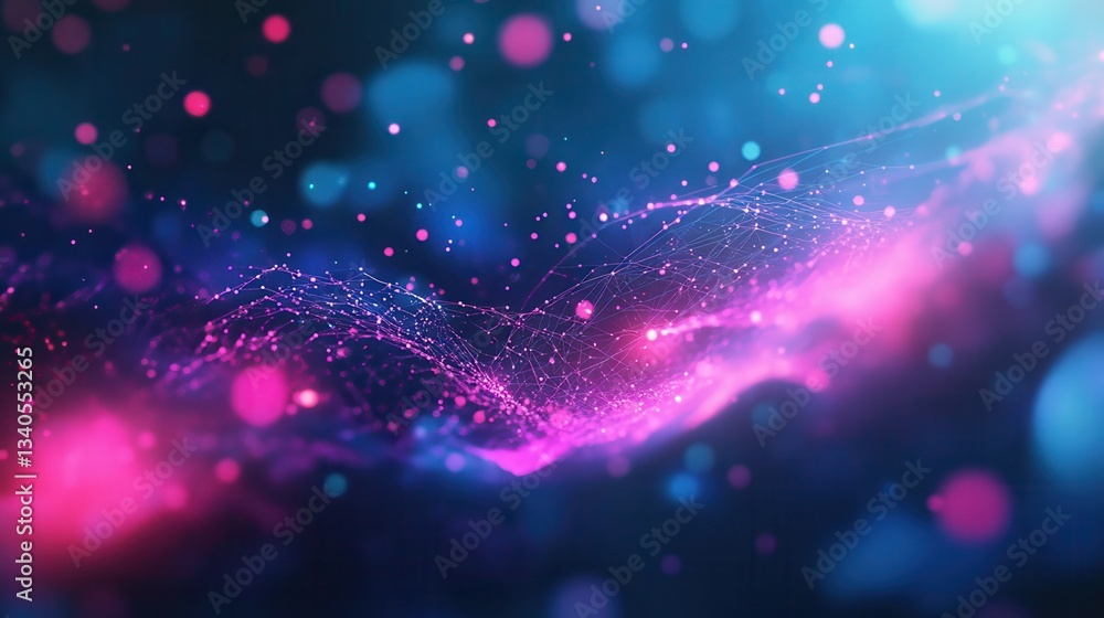 Poster abstract background with pink blue glowing neon lines and bokeh lights. data transfer concept. digit