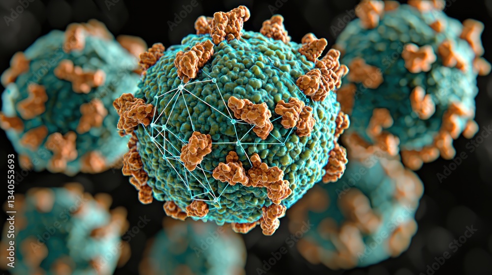 Poster microscopic view of virus particles: a detailed 3d render of viral structure