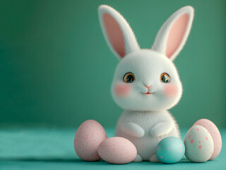 Obraz premium A cheerful bunny with fluffy white fur and bright eyes sits contentedly among pastel eggs. This charming display captures the essence of Easter and the joy of spring