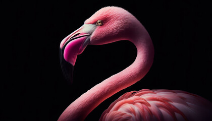 Naklejka premium Beautiful flamingo close-up on a black background.