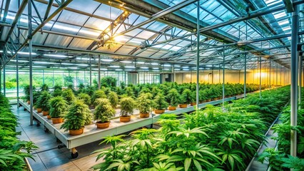Indoor cannabis cultivation using hydroponics and greenhouses.