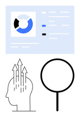 Data chart with pie diagram, head with upward arrows symbolizing growth, magnifying glass for analysis. Ideal for strategy, business, learning, innovation, data planning vision. Flat simple