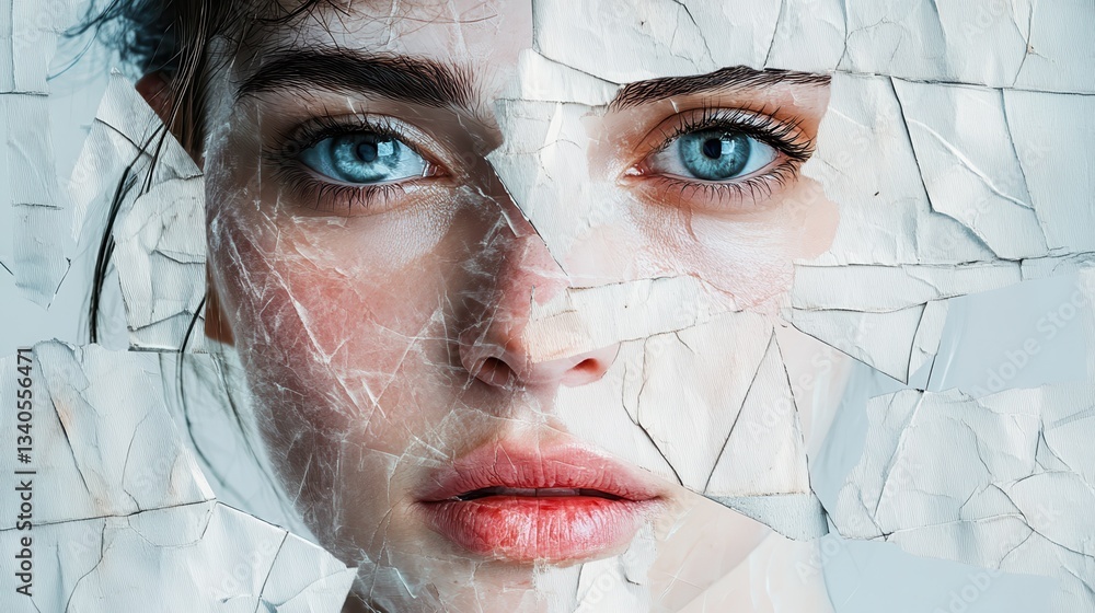 Poster generative ai-created image of a womanâs face artistically divided into squares with a translucent